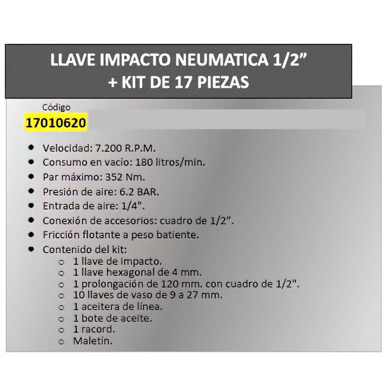 Llave impacto neumática YAMATO 1/2" con kit 17 Pzs  -  AFT AFT Herramienta neumatica