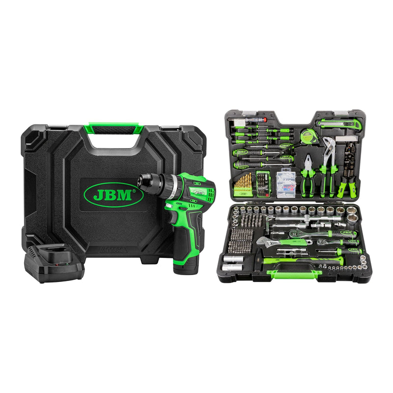 Taladro percutor a batería con maletín + Maletin herramientas de 302 pzs - JBM JBM Taladro a batería