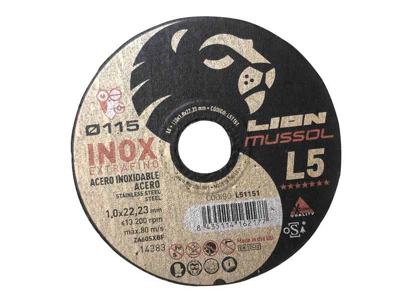Disco de corte para acero e inoxidable Lion 115x1mm Mussol Inox